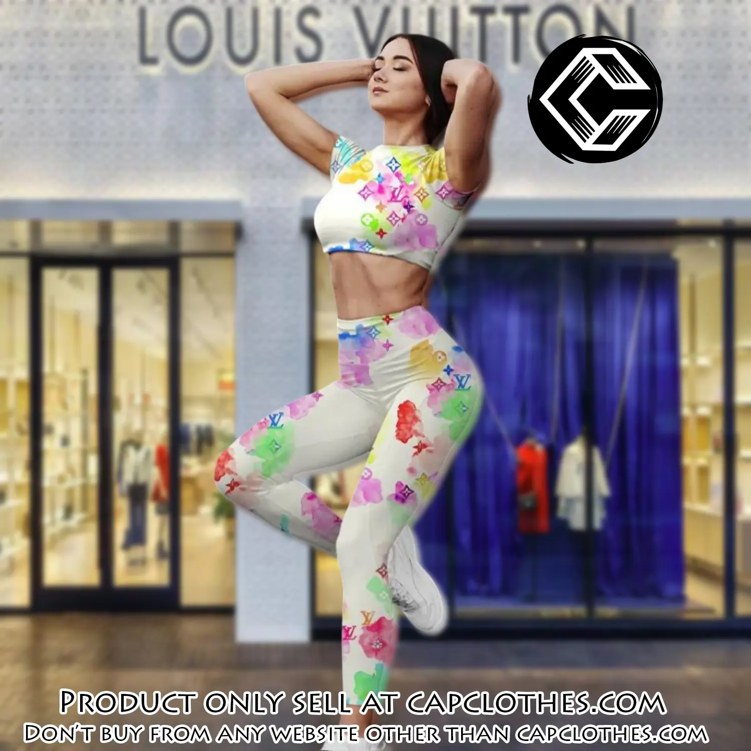 Rainbow louis vuitton luxury sportwear combo luxury brand crop top tshirt and legging for women ctl1041 cc0107287